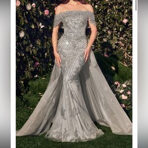 Andrea & Leo Couture
STYLE #MA103  Sz 10 Elegant Off-Shoulder Gray Evening Gown